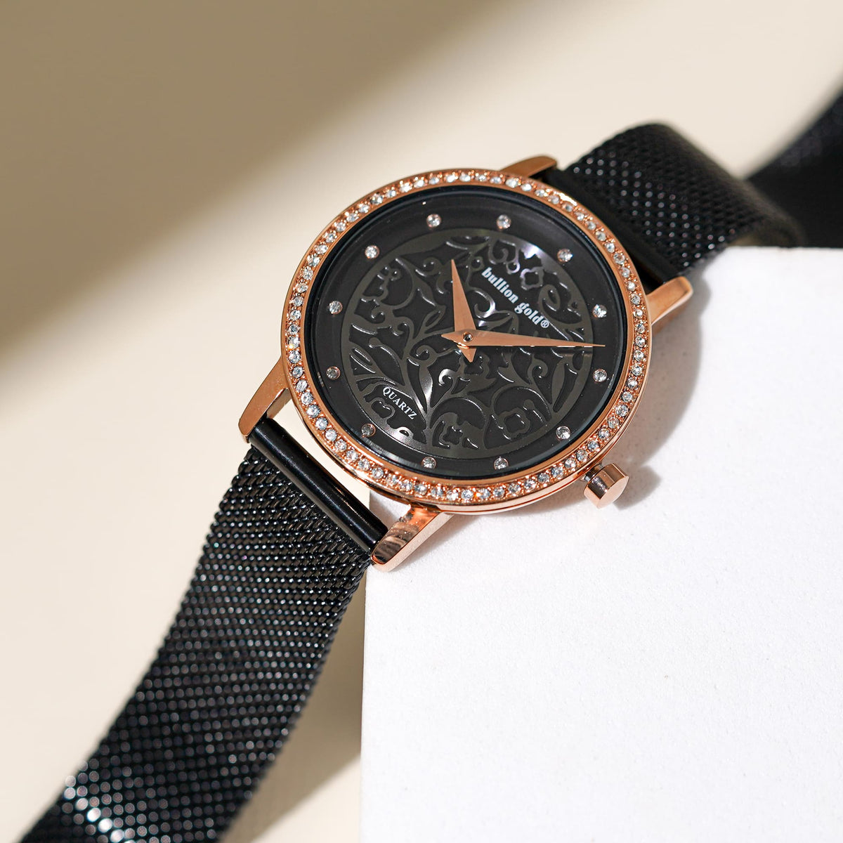 Bullion Gold Bullion Gold Elite Watch Embellished with Rhinestone - Rose Gold and Black