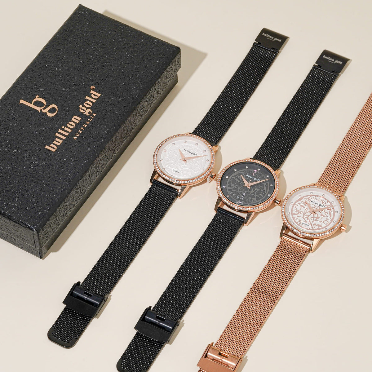 Bullion Gold Bullion Gold Elite Watch Embellished with Rhinestone - Rose Gold and Black