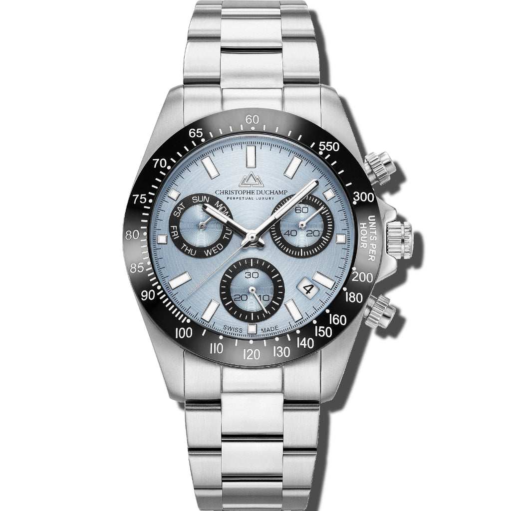 Christophe Duchamp Grand Mont Ceramic - Blue Dial with Black Bezel and Silver Stainless Steel Strap