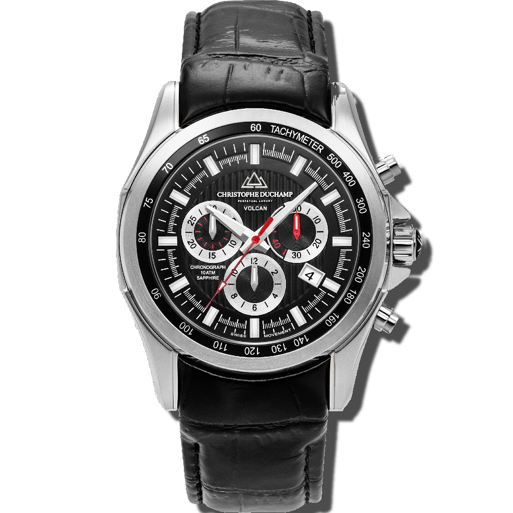 Christophe Duchamp Volcan - Black Dial with Silver Case and Black Leather Strap
