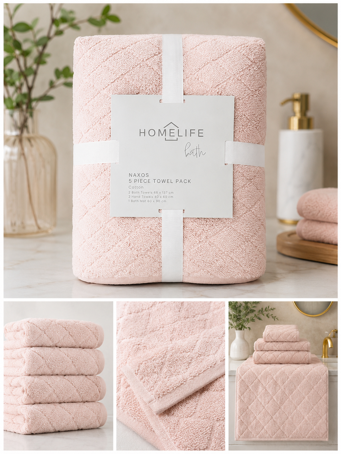 Homelife Naxos Diamond 5 Piece Towel Pack Peach wip
