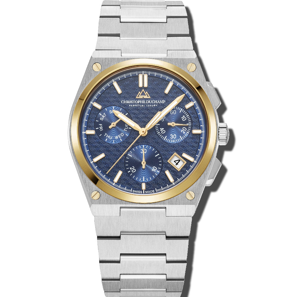 Christophe Duchamp Attitude Chrono - Blue Dial with Silver & Gold Case and Silver  Stainless Steel Strap