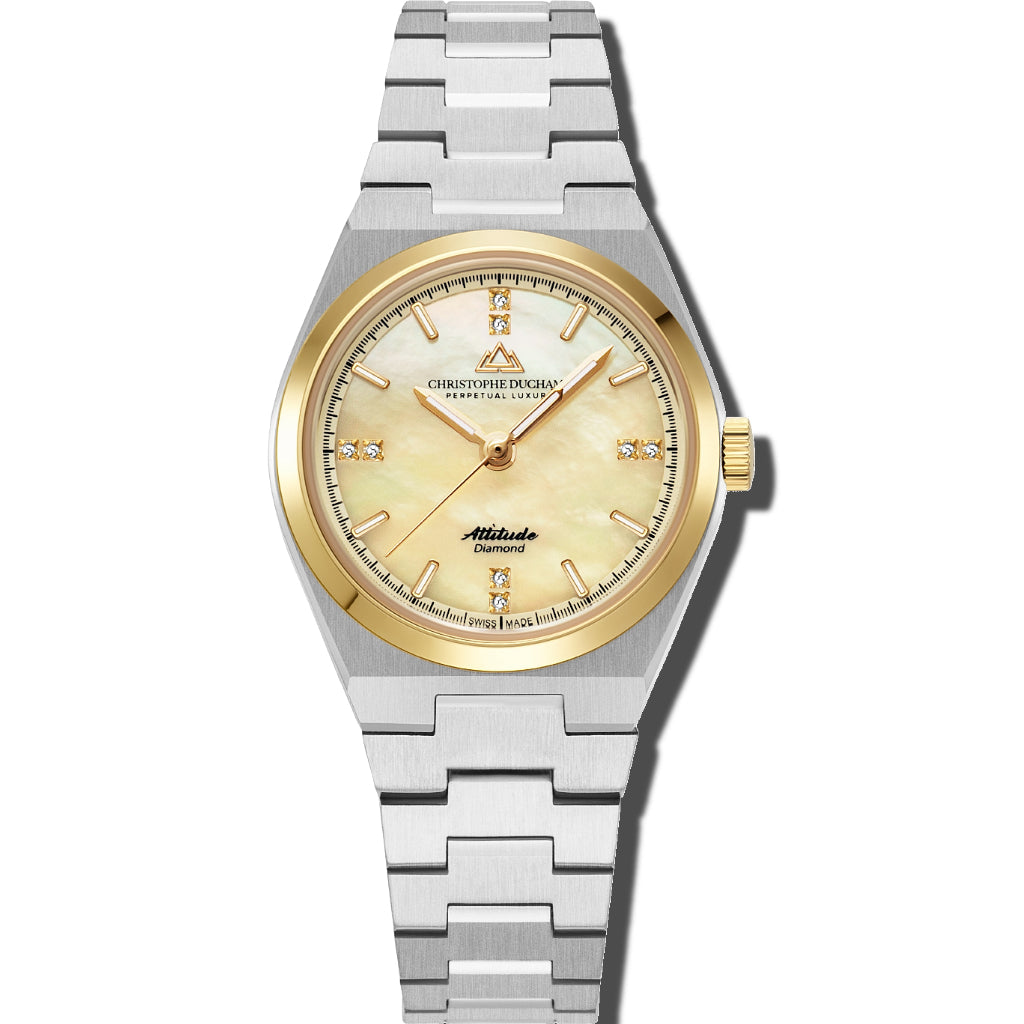 Christophe Duchamp Attitude Double Diamond - Champagne Dial with Silver & Gold Case and Silver Stainless Steel Strap