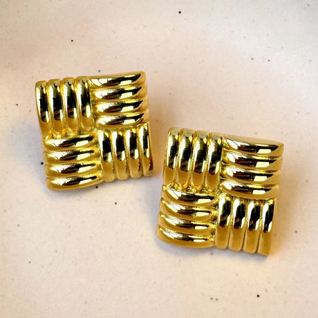 Bullion Gold Ridged Square Gold layered Stud Earrings