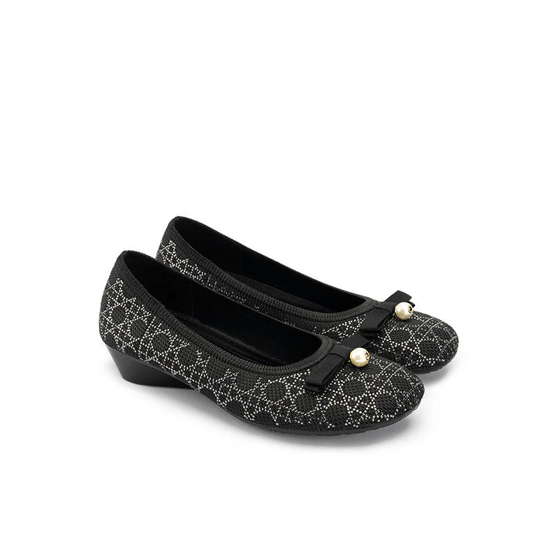 Pearl Bow Czech Crystal Knit Round Toe Wedge Pumps - Black