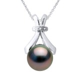 Necklace Jewelry Diamond 0.01Cts (3 X 0.0033 Cts) White Gold and Real Cultured Tahiti Pearl Round 7-8 mm - Length Chain 42 cm