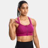 Zip Front Large Padded High Impact Sports Bra - Rose