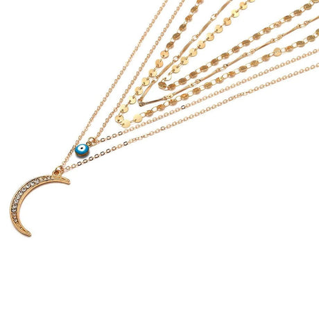 Multilayer 5 Piece Stunning Blue Eye and Moon Layering Gold Necklace