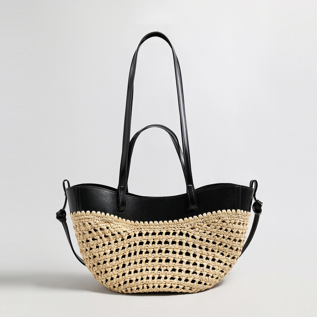 Handwoven Straw Leather Tote Bag - Black