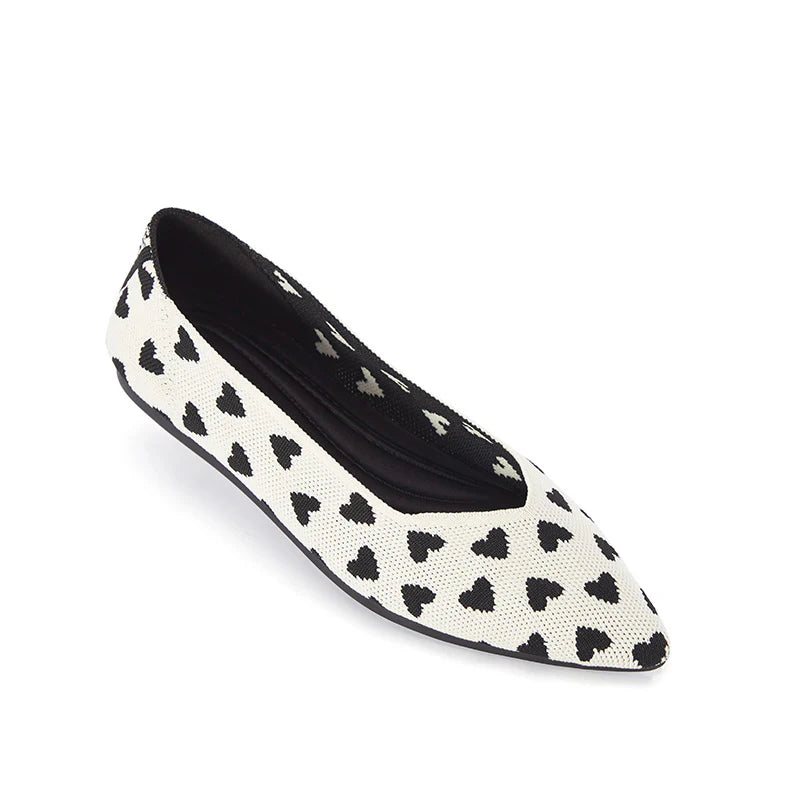 Heart Print Pointed Toe Comfortable Flats - White