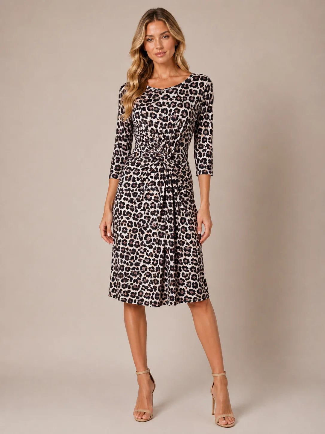 Worship Women's 3/4 Sleeve Front Twist Dress - Leopard