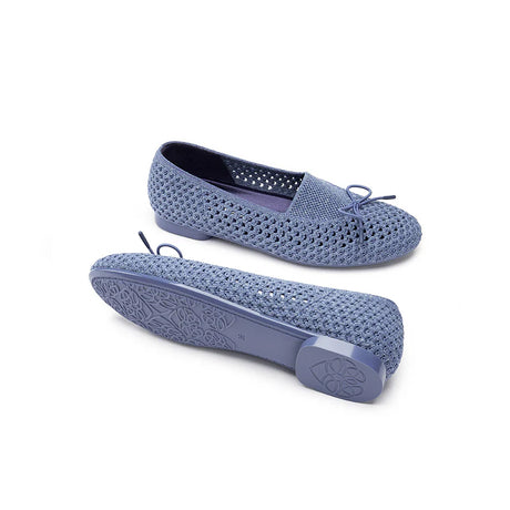 Bow Hollow Mesh Knit Round Toe Low Heel Flats - Denim