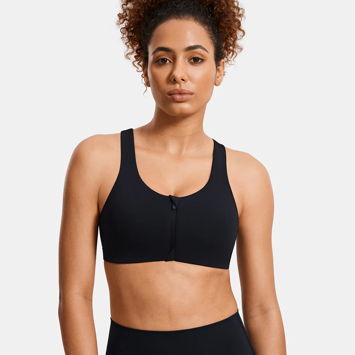 Power On Soft Padded High Impact Zip Front Sports Bra - Black