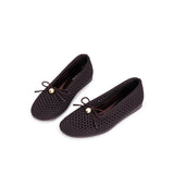Pearl Bow Heart Mesh Knit Round Toe Wedge Flats - Chocolate