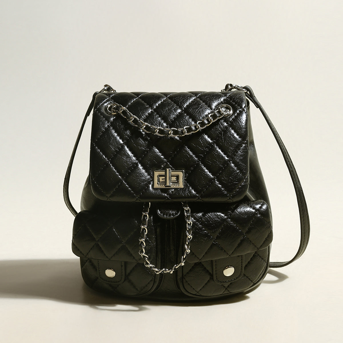 Multi-Pocket Chainstrap Quilted Backpack - Black