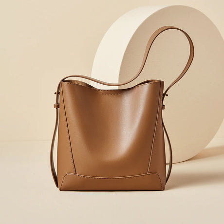 Nalandu Luxe Genuine Leather Bucket Tote Shoulder Bag - Brown