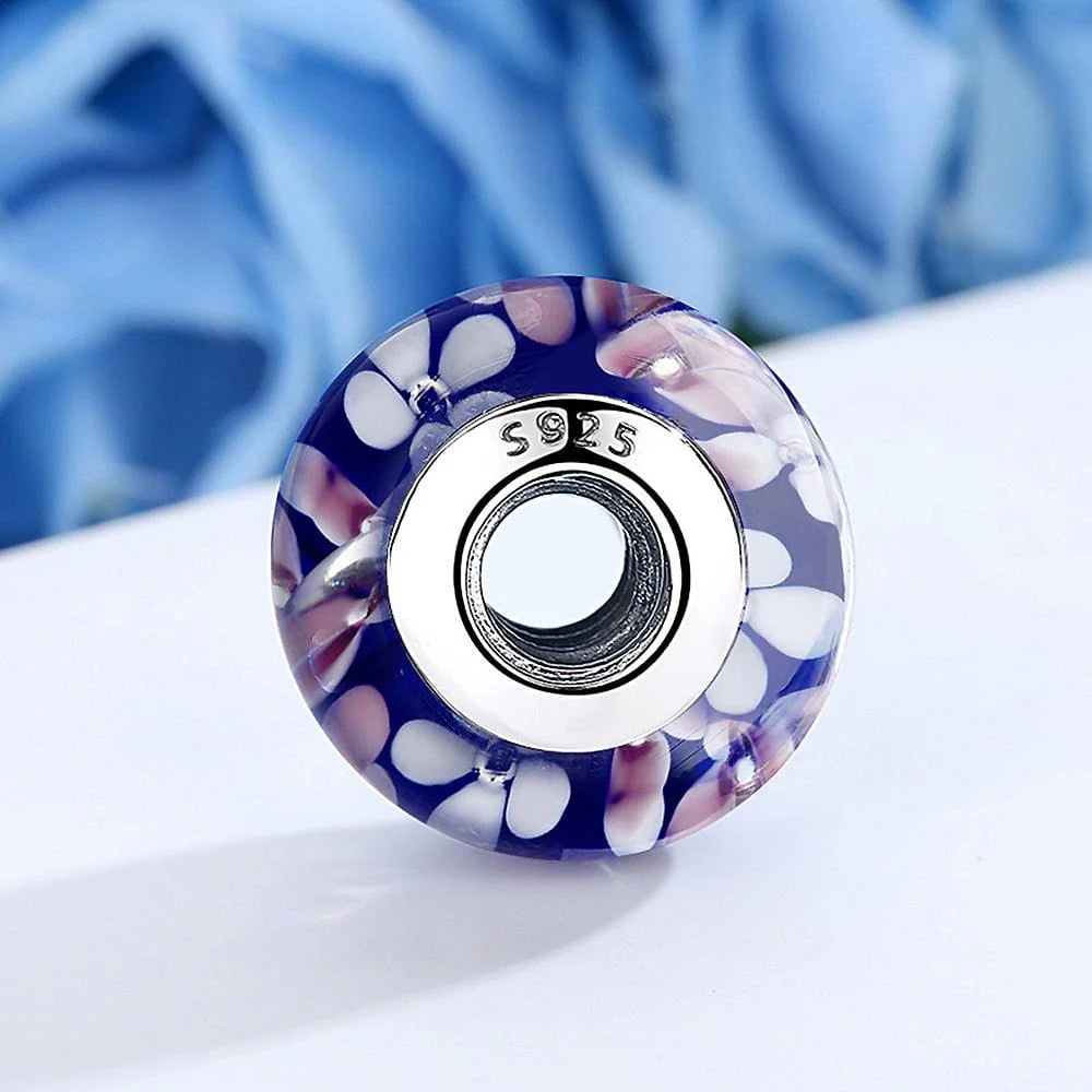 Solid 925 Sterling Silver Pink and White Blossom Inclusion Murano Glass Charm