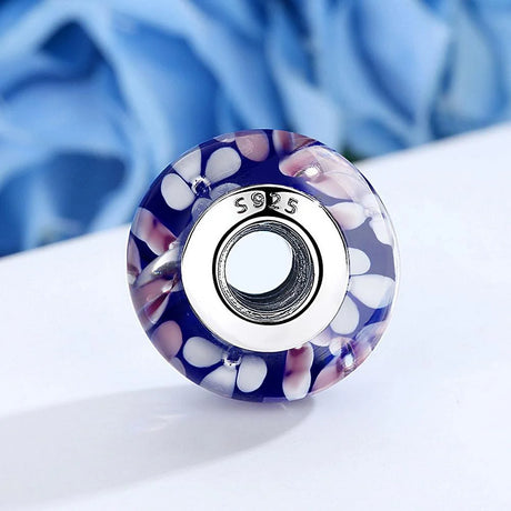 Solid 925 Sterling Silver Pink and White Blossom Inclusion Murano Glass Charm