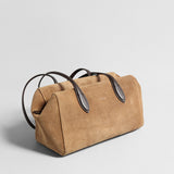Suede Leather Structured Pillow Tote Bag - Camel