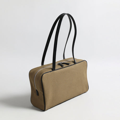 Canvas & Sheepskin Leather Box Tote Bag - Khaki
