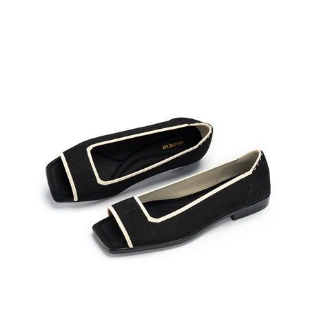 Colorblock Peep Toe Knit Flats - Black