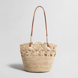 Floral Crochet Woven Straw Tote Bag - Natural
