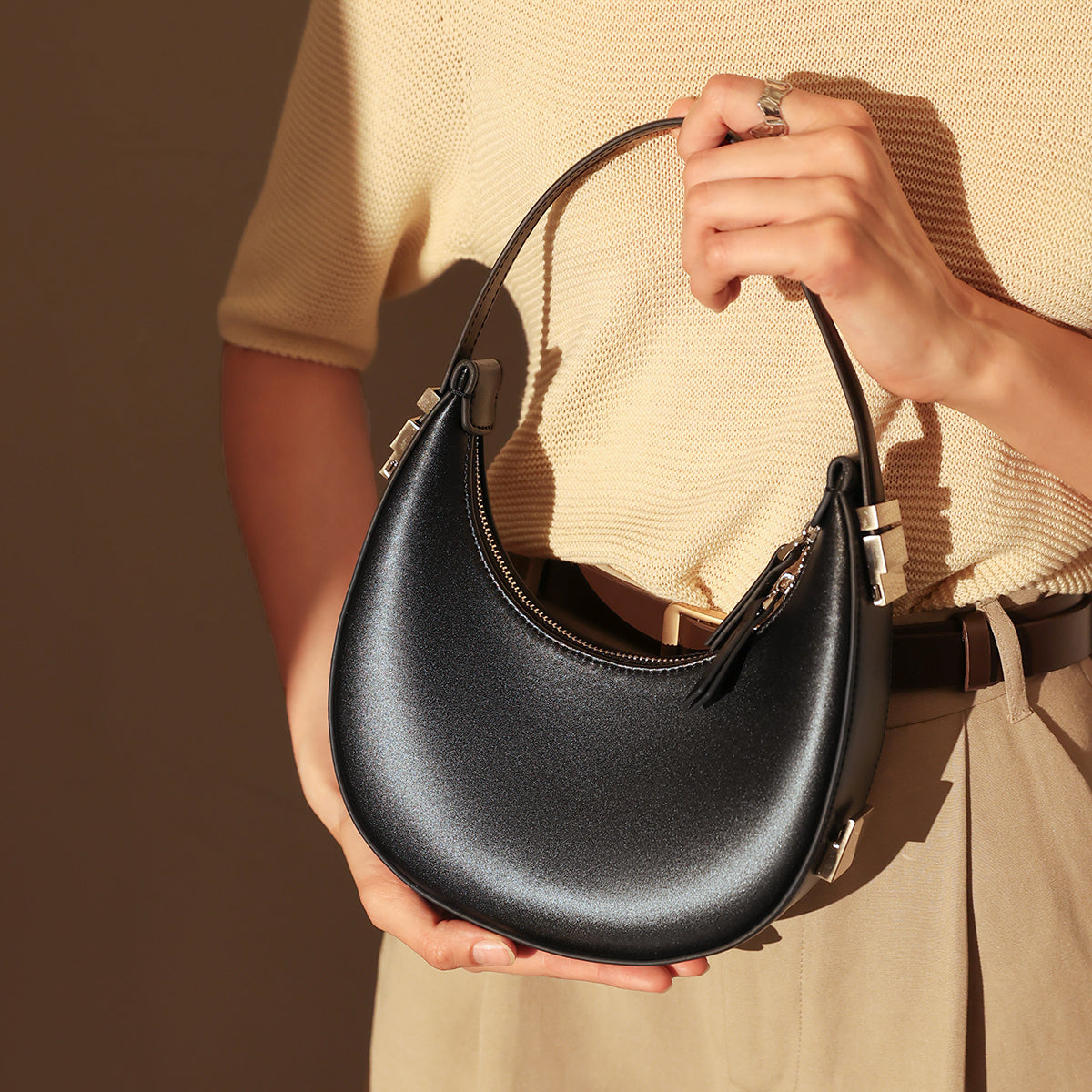 Structured Black Leather Crescent Moon Shoulder Bag - Black
