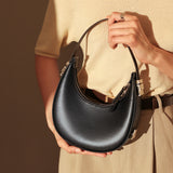 Structured Black Leather Crescent Moon Shoulder Bag - Black