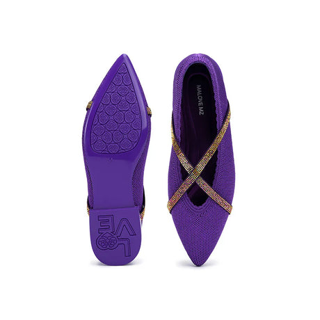 Rhinestone Cross Strap Pointed Toe Knit Flats - Purple