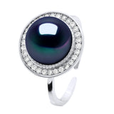 Ring Halo Button Freshwater Pearl & Cubic Zirconia Black Adjustable