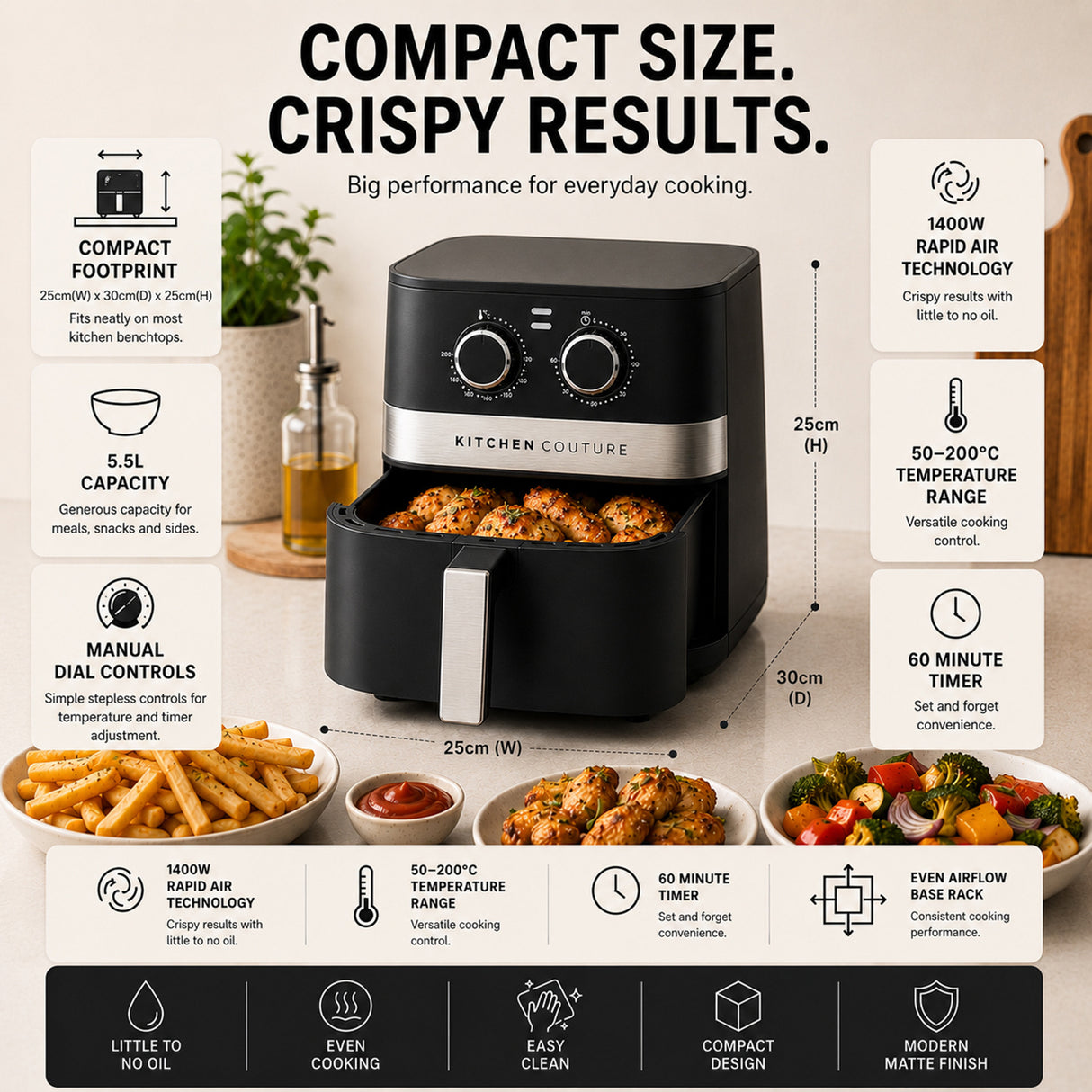 Kitchen Couture 5.5L Compact Air Fryer Stylish Powerful