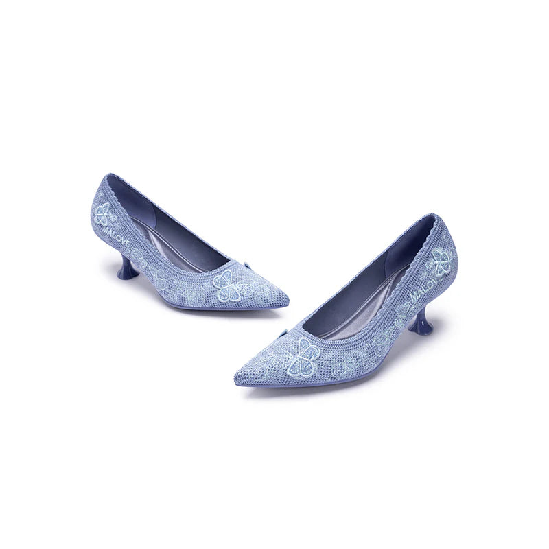 Floral Butterfly Pointed Toe Kitten Heels - Blue