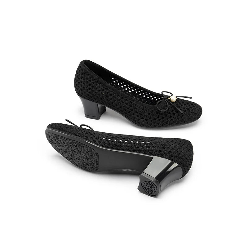 Pearl Bow Mesh Knit Round Toe Pumps - Black