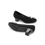 Pearl Bow Mesh Knit Round Toe Pumps - Black