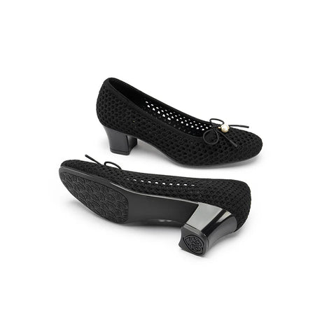 Pearl Bow Mesh Knit Round Toe Pumps - Black