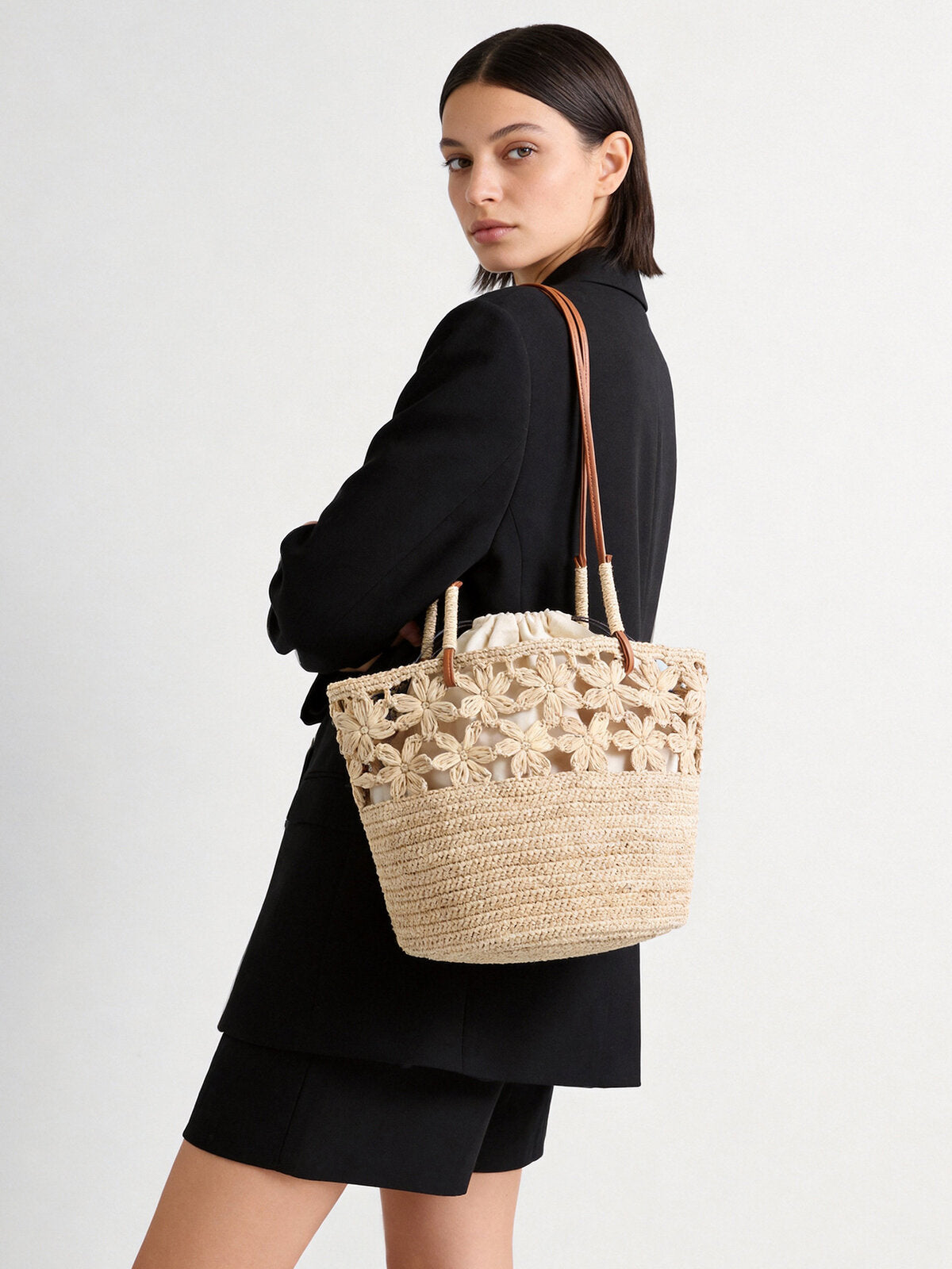 Floral Crochet Woven Straw Tote Bag - Natural