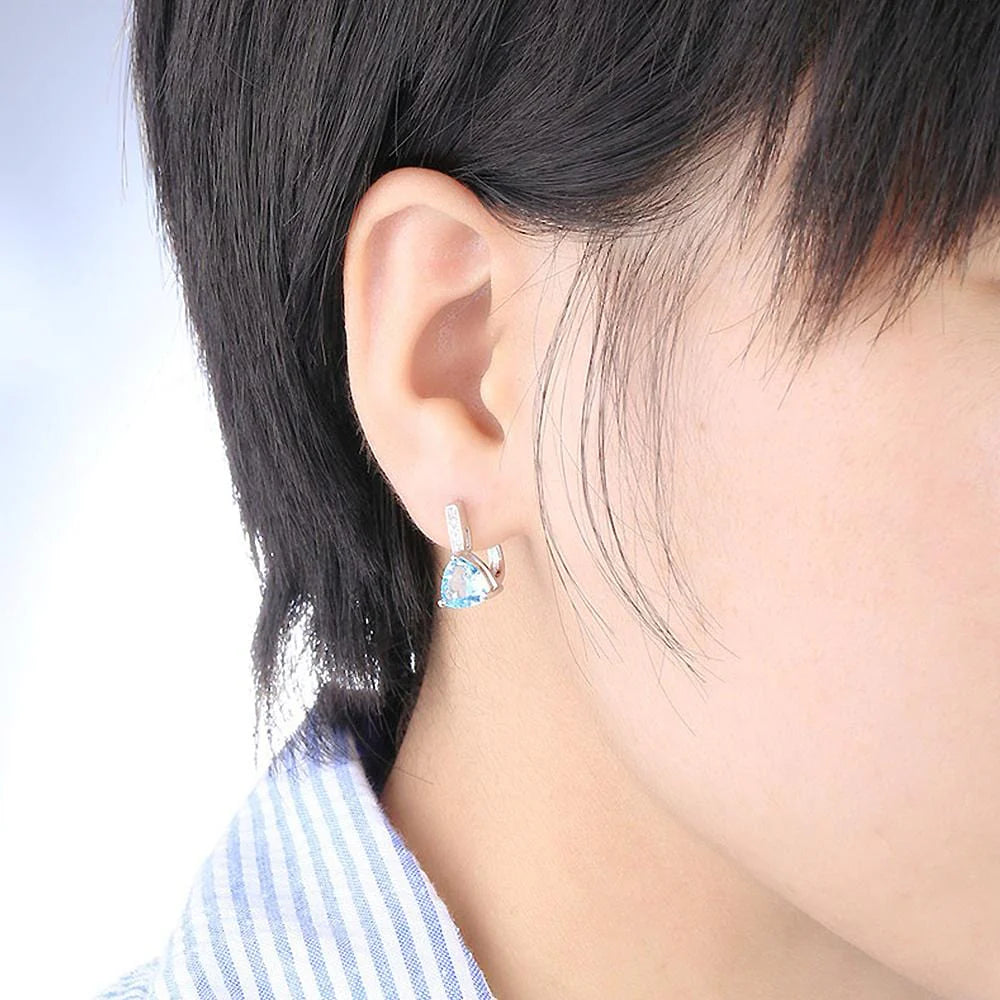 Bullion Gold Stunning Blue Zirconia Triangular Latchback White Gold Plated Earrings