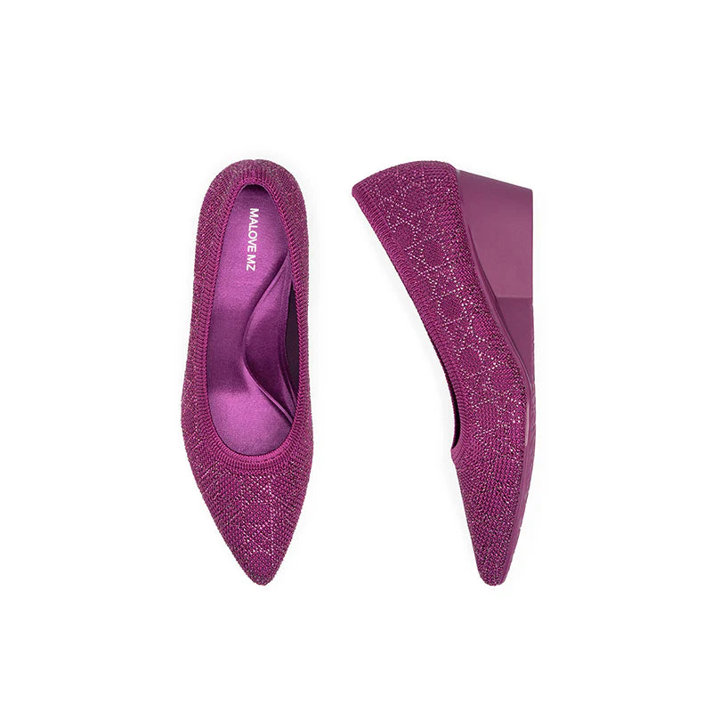 Rhinestone Check Knit Pointed Toe Wedge Pumps - Fuchsia