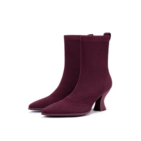 Pointed Toe Knit Sock Boots - Wine