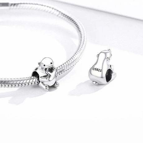Solid 925 Sterling Silver Baby and Mama Beaver Animal Hugging Pandora Inspired Charm