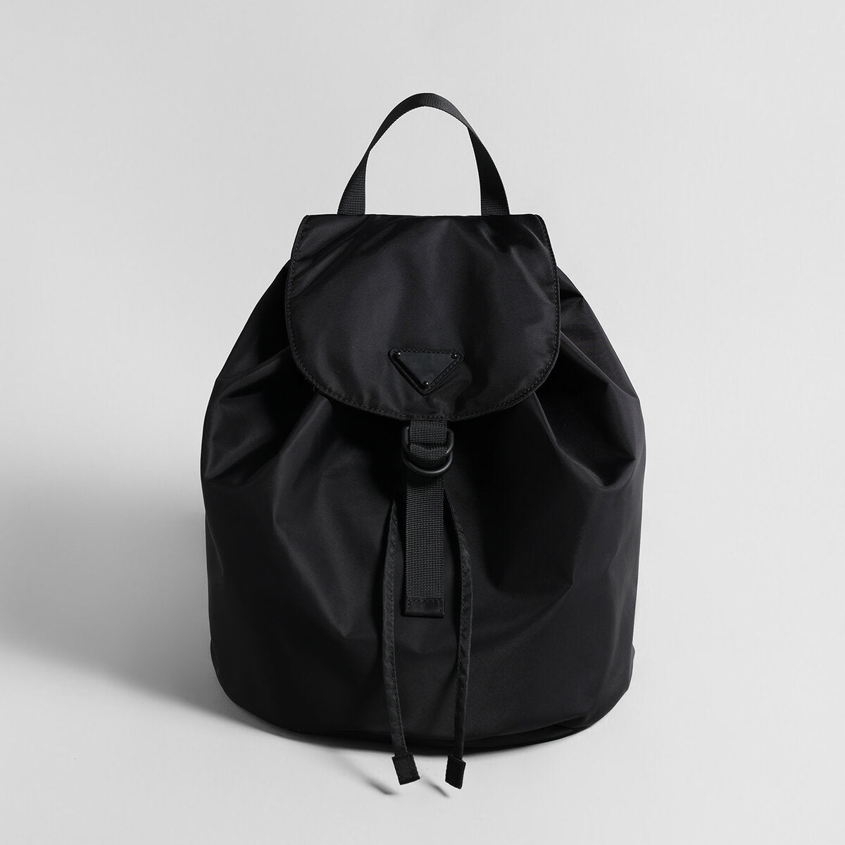 Nylon Drawstring Flap Backpack - Black