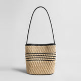 Striped Woven Straw Bucket Bag - Natural