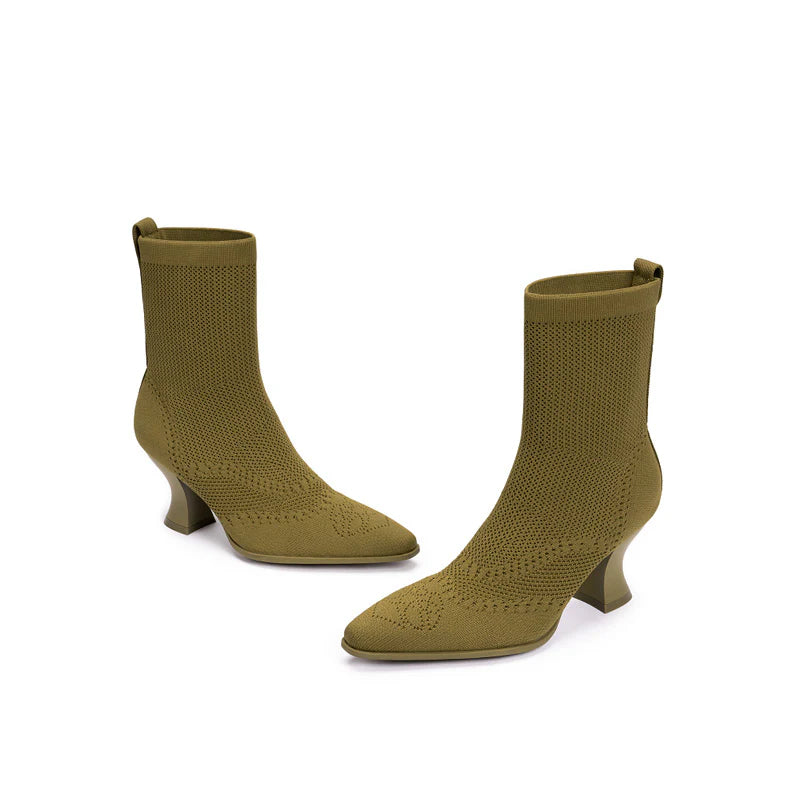 Pointed Toe Knit Sock Boots - Avocado
