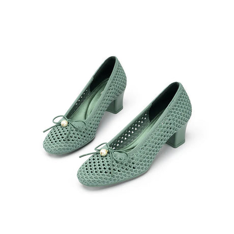 Pearl Bow Mesh Knit Round Toe Pumps - Green