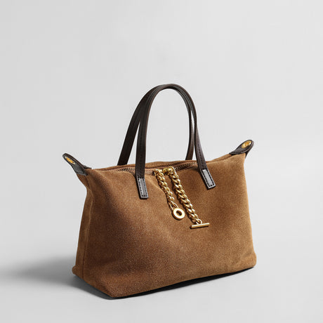 Suede Chain Charm Satchel Bag – Contrast Leather Handle Crossbody Bag
