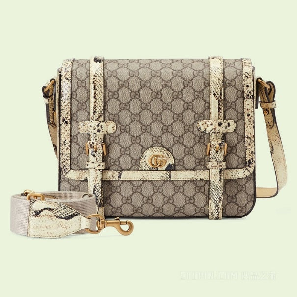 Gucci GG Monogram And Snakeskin Messenger Bag - Brown/White