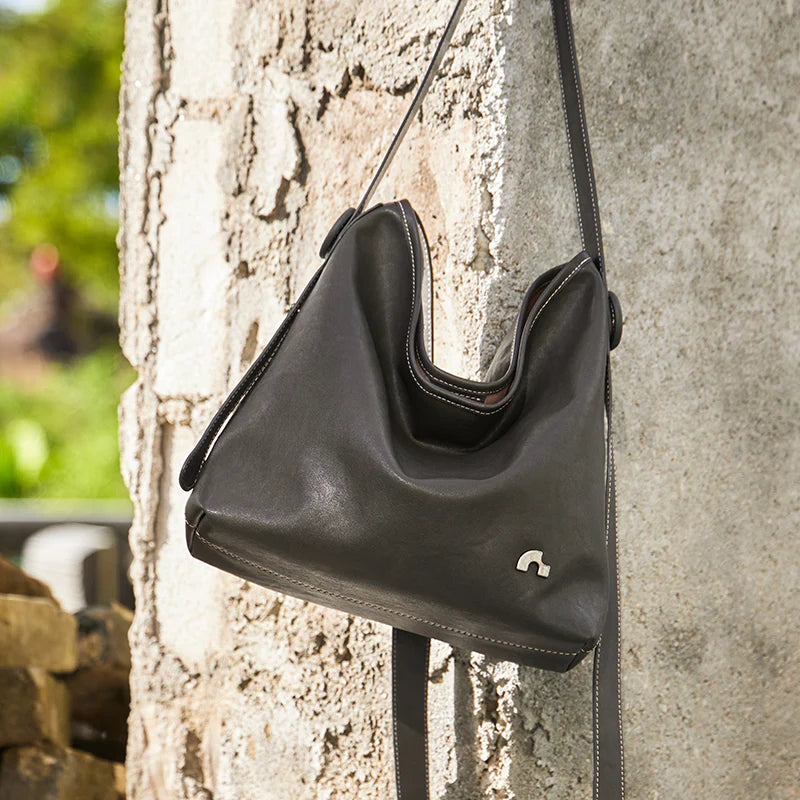 Nalandu Vintage Leather Slouchy Tote Bag - Charcoal