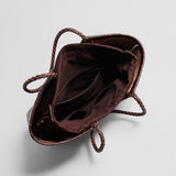 Handwoven Leather Herringbone Basket Tote Bag - Chocolate