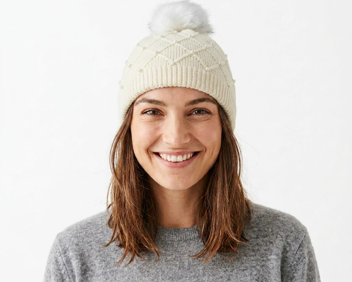 Cherry Red Pearl Beanie - White