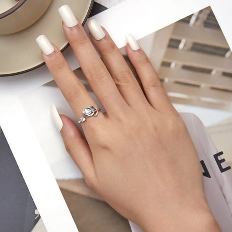 Adjustable Solid 925 Sterling Silver Crystal Feather Open Cut Ring